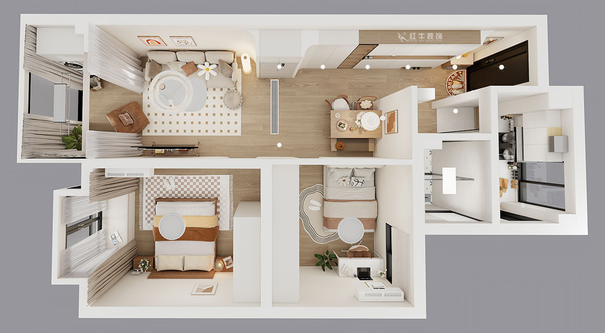 朱明琪｜观泓雅苑B区2-2005-83㎡-原木风格｜2室1厅1卫｜新房装修｜定制家｜全包11万｜00_04鸟瞰图